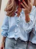 Camisa de Manga Larga con Volantes Estilo Europeo y Americano 2026 para Mujer, Holgada, Cuello en V, Estampada, Moderna, Casual