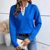 Moda Europea y Americana Transfronteriza Otoño/Invierno 2026 Nuevo Suéter de Encaje con Cuello en V Color Sólido Holgado de Manga Larga Ropa de Punto para Mujer