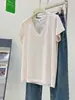 Camiseta de Verano Blanca Fina con Cuello en V Estilo Casual Perezoso de Manga Corta para Mujer Transpirable Lyocell Tencel Camiseta Básica Top Sencillo