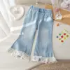Jeans para niña, nuevo estilo coreano de otoño, pantalones acampanados de encaje bordados con cerezas, pantalones casuales elegantes para otoño