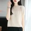 2026 Primavera/Verão Novo Top de Tricô com Gola Meio Alta de Linho com Pérolas Manga Curta para Mulheres Cor Sólida Base de Lantejoulas Top Camiseta