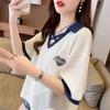Camiseta Patchwork Waffle de Design Exclusivo com Manga Curta para Mulheres, Novo Estilo Verão 2026, Moda Plus Size com Gola Polo