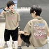 Polo Casual de Manga Corta para Niño Estampado de Moda Nacional Algodón Puro Manga Corta Verano Estilo Occidental Estilo Coreano Moda para Niños Medianos-Grandes