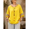 2026 Amazon Verano Transfronterizo Europeo y Americano Camiseta Superior Casual Suelta de Algodón y Lino Bordada Vintage de Color Sólido Cuello Manga Media