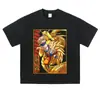 Camiseta estampada de manga curta, lavagem floral estilo americano, preto desgastado, corte solto oversized, design de anime moderno, ombro caído, manga curta