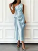 Vestido Elegante de Noche de Verano 2026 Transfronterizo Europeo y Americano de Satén de Alta Elasticidad sin Mangas de un Hombro Ceñido a la Cintura de Longitud Media