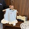 Chaleco de Verano para Niñas Moda Bebé Infantil Elegante de Marca Tendencia Estilo Coreano Cuadros Lazo Recorte Encaje Camisa de Muñeca