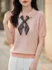 Lenço de Seda Fita Decoração Lapela Blusa Fina Feminina Pulôver Solto Moda Emagrecedor Manga Curta Malha de Seda Amora Camiseta