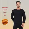 Roupa térmica de veludo dourado masculina camada dupla masculina outono e inverno base espessada forrada com fleece para meia-idade e idosos roupas de outono calças compridas masculinas