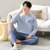 Pijamas masculinos em estoque para primavera e outono, novos pijamas masculinos pulôver de algodão stretch com bolsos duplos, roupa caseira casual