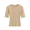 Blusa Pequena de Gola Redonda e Manga Três Quartos para o Verão Meninas Quentes Sexy Cintura Fina Emagrecimento Curta Cor Sólida Ombro Direito Emagrecimento Mangas Curtas