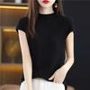 Camiseta de Tricô de Seda de Gelo de Verão Fina com Manga Curta Feminina Gola Alta Meio Elegante Solta Curta Moda Básica Manga Curta Top
