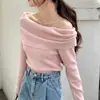 Top azul sin hombros para mujer, otoño e invierno, diseño francés, estilo único, corte ajustado, suéter de punto que revela las clavículas