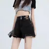Shorts de Mezclilla Negros para Mujer Verano Tendencia Combinan con Todo Nueva Llegada Cintura Alta Borde Deshilachado Agujeros Pantalones Cortos de Corte A para Chicas Calientes