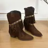 Botas de mezclilla con flecos estilo Melard para adelgazar, botas vaqueras retro de punta, botas de moda estilo páramo con tacón grueso