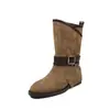 Botas femininas casuais estilo coreano com fivela de cinto, bico redondo, botas curtas da moda, nova coleção outono/inverno, couro genuíno