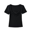 Camiseta de manga corta con lazo plisado para mujer, novedad de verano 2024, top ajustado con cuello en U y elástico.