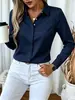 Camiseta de verão tamanho europeu levemente elástica, cor sólida, elegante, adequada para ir ao trabalho, manga longa feminina, disponível em pequenas quantidades, alta relação custo-benefício