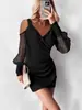Vestido Feminino Popular de Comércio Exterior da Amazon, Malha Patchwork, Decote V Sexy, Plissado, Bodycon, Vestido Curto