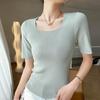 Camisa feminina com decote em U e contas curvas, nova primavera de 2023, slim fit, colete de cor sólida, suéter de manga curta para cabelo