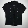 Ins Transfronterizo Verano Retro Americano Cuello Alto Doble Fila Hebilla Metálica Manga Corta Top Doble Cremallera Ajustado Camiseta Venta al por Mayor