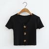 Moda Feminina Europeia e Americana Nova da Primavera Camiseta Curta de Três Botões com Decote em V Justa Mostrando o Umbigo Top C4908