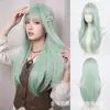Estilo Japonês Coreano Transfronteiriço Verde Menta Cabelo Longo Liso Mulher Franja de Ar Cobertura Completa da Cabeça Peruca Sintética Natural Realista Diária Sem Lavagem