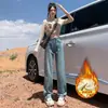 Jeans de pierna estrecha y pierna ancha de alta gama para mujer, otoño e invierno, con felpa, cintura alta, caída suelta, adelgazantes, versátiles, tipo mopa, pierna recta