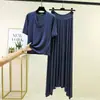Conjunto de moda de verano para exteriores: camiseta modal con cuello en V y manga tres cuartos con cordón y falda larga de cintura alta, transfronterizo Amazon