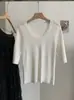 KEKEZOON Blusa de Tricô Slim-Fit com Gola U e Meia Manga Macia e Elástica 8759