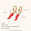 Brincos Europeus e Americanos Transfronteiriços com Gota de Óleo Vermelho e Pimenta Pequena, Aço Inoxidável Banhado a Ouro 18K, Modernos e Tendência, Brincos Versáteis