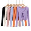 M2077-20 Outono Estilo Coreano Gola V Vazado Tricô Cordão para Amarrar Manga Longa Borda de Orelha Jaqueta Cardigan de Tricô