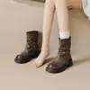 Botas femininas estilo Martin de sola grossa na cor marrom, novo estilo outono e inverno 2026, botas de algodão forradas com fleece, botinhas estilo britânico com salto bloco