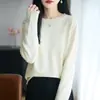 Suéter de punto para mujer de algodón puro con cuello redondo para otoño e invierno, estilo nuevo, suave y amigable con la piel, corte holgado, adelgazante, elegante y rejuvenecedor, camiseta básica de punto