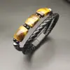 Popular Pulsera Tejida de Estilo Oscuro de Amazon con Piedra Natural Ojo de Tigre y Joyería de Cuero de Doble Capa de Moda para Hombre