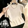 Tiro de verdade! Tiro de verdade! Camiseta de verão 2026 com strass, manga curta, para mulheres, mangas bufantes, top de tricô moderno e bonito com um visual elegante