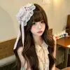 Mini sombrero rosa Lolita para el cabello para mujer, dulce borde de encaje con perlas, lazo en forma de corazón y cinta, adecuado para eventos de cosplay