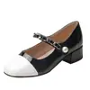 Zapatos Mary Jane 2025 Primavera Zapatos Pequeños de Cuero Combinación de Colores Boca Baja Hebilla Tacón Grueso Planos Zapatos de Primavera para Banquetes de Mujer