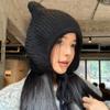 Chapéu Balaclava de Orelhas de Urso Bonito Chapéu de Malha Quente de Inverno Feminino Rosto Doce Pequeno Chapéu de Proteção de Orelhas de Lã