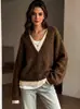 Nuevo cárdigan de punto suelto con cuello en V para otoño e invierno para mujer, chaqueta suéter de color liso, imitación de dos piezas, casual versátil de manga larga europeo y americano