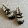 Zapatos Mary Jane bajos de doble hebilla estilo francés para mujer, nuevo modelo otoño e invierno 2026, peludos y cálidos, de suela plana, adecuados para usar en exteriores