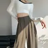 Calça Cinza de Cintura Alta com Fivela Dupla de Perna Larga Feminina Primavera e Outono Solta Emagrecedora Reta Calça Casual Dose