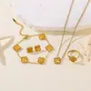 Pulsera, Pendientes, Anillo de Trébol de Cuatro Hojas de Nácar de Doble Cara de 13 mm de Venta Caliente Transfronteriza, Juego de Cuatro Piezas al por Mayor desde el Fabricante
