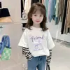 Camiseta Infantil de Algodão Puro de Manga Longa, Blusa Fina para Bebês, Roupa Elegante de Primavera e Outono para Meninas, Estilo Casual de Duas Peças para Crianças Maiores