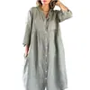Vestido-camisa feminino estilo europeu e americano 2026 em verde fluorescente, corte solto, modelador, manga média, gola alta, vestido longo estilo cardigã