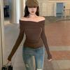 Camiseta feminina off-shoulder de manga longa estilo desejo puro Primavera 2024 nova slim fit curta Top de lingerie marrom