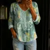Nova camisa feminina de manga comprida com botões e gola V estampada transfronteiriça, elegante e estilosa para o trabalho, top casual único e moderno