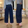 Calça Jeans Cropped Wide-Leg Azul Escuro para Mulheres, Estilo Fino de Verão, Novo Modelo 2026, Tamanho Grande, Valoriza Curvas, Calça Reta Petite