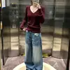 Tejido de pelo sintético, suéter de cuello en V a rayas de bloques de color, nuevo estilo otoño/invierno 2026 para mujer, capa interior, top de punto