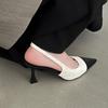 Sandalias de Verano 2025 Color Block Nuevas Punta Fina Tacón Medio Moda Francesa Baotou Zapatos de Tacón Alto para Mujer